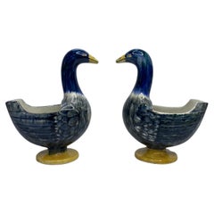 Antique Wemyss Pottery pair of Goose Flower Holders, c. 1890.