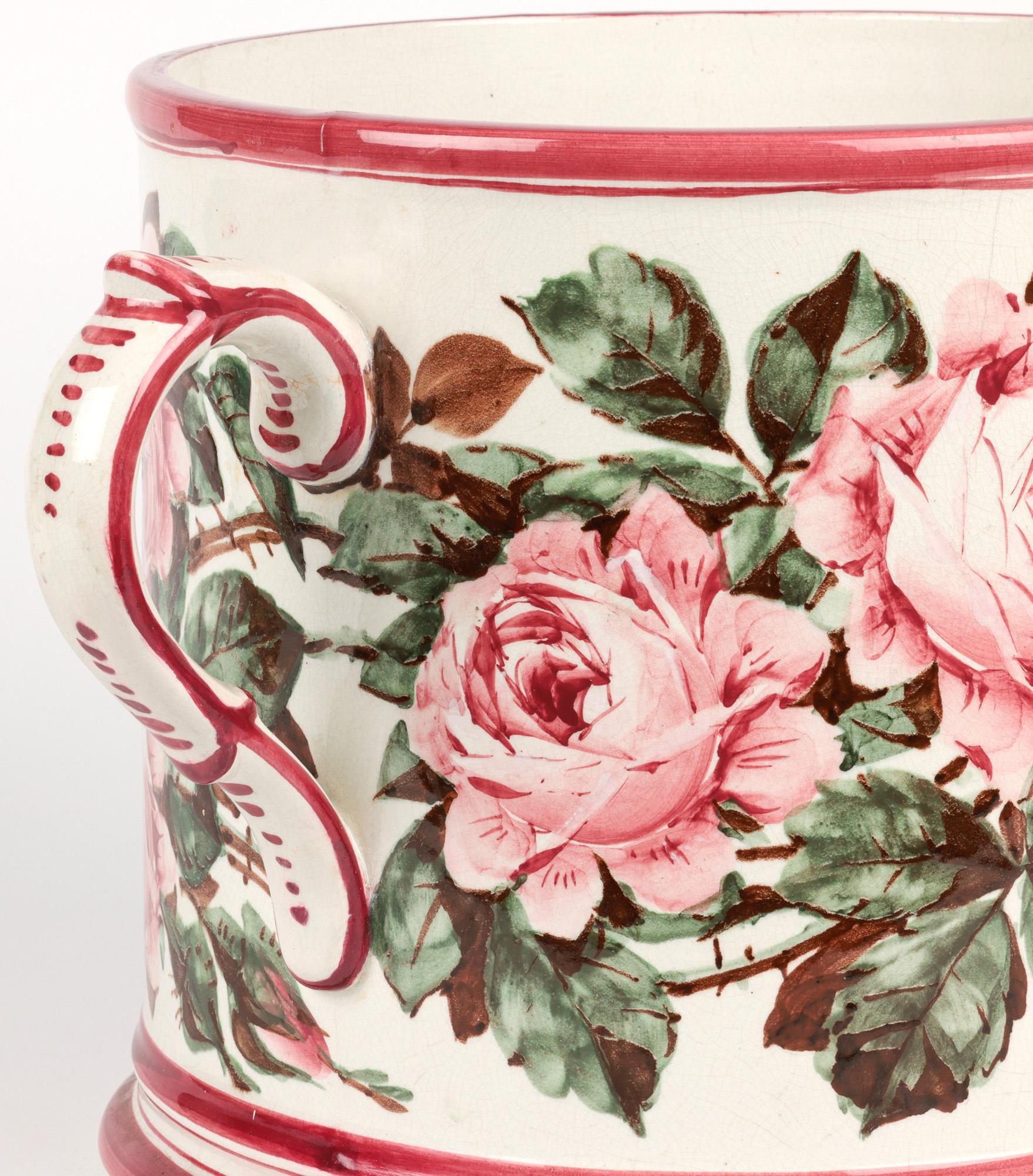 Glazed Wemyss Scottish Cabbage Rose Decorated Large Three Handled Pottery Tyg