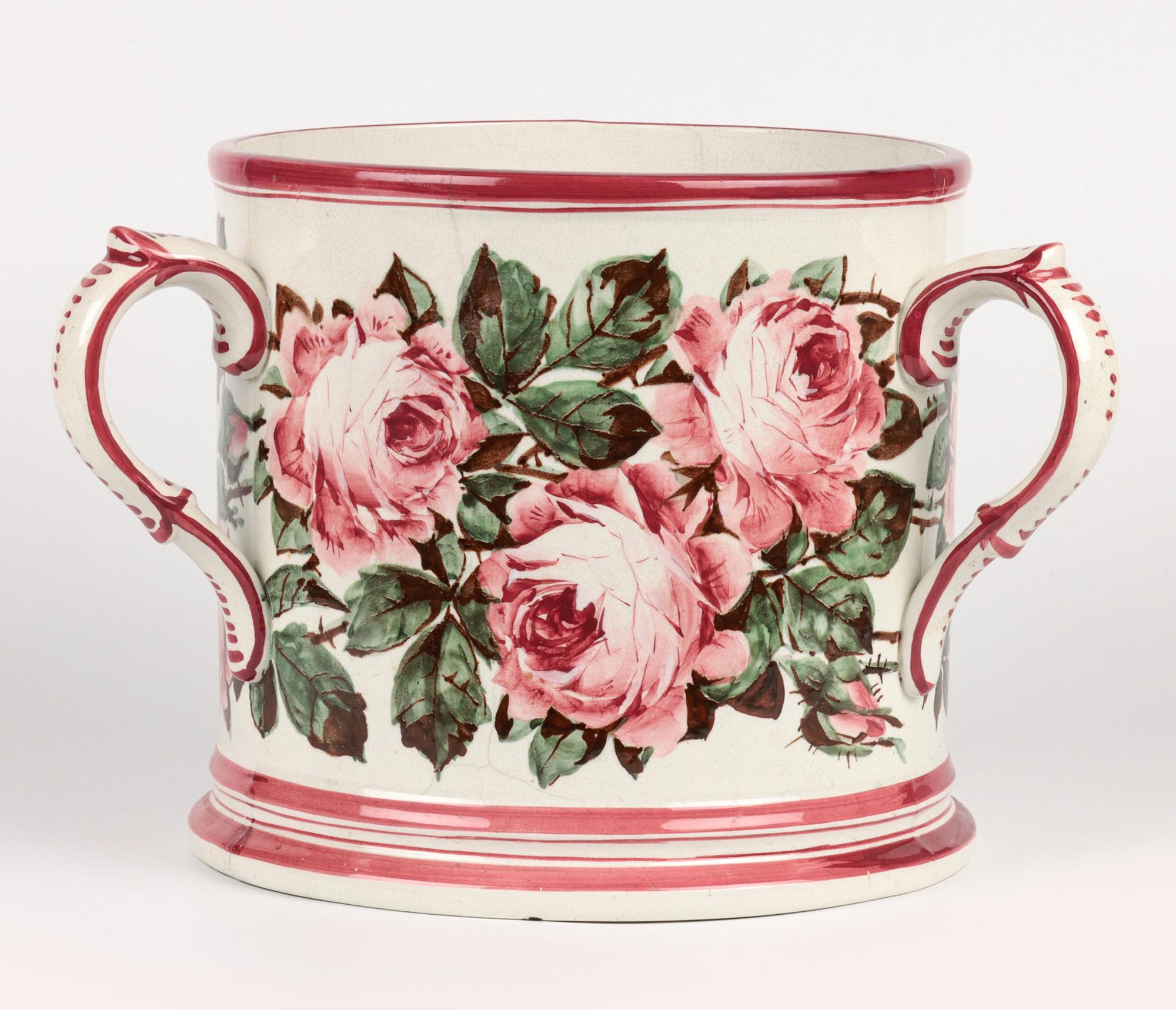 19th Century Wemyss Scottish Cabbage Rose Decorated Large Three Handled Pottery Tyg