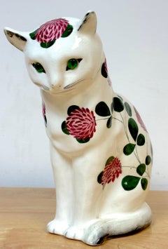 Wemyss Ware/Plichta Pottery Cat with Chrysanthemum Decoration and Glass Eyes