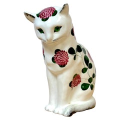 Wemyss Ware/Plichta Pottery Cat with Chrysanthemum Decoration and Glass Eyes