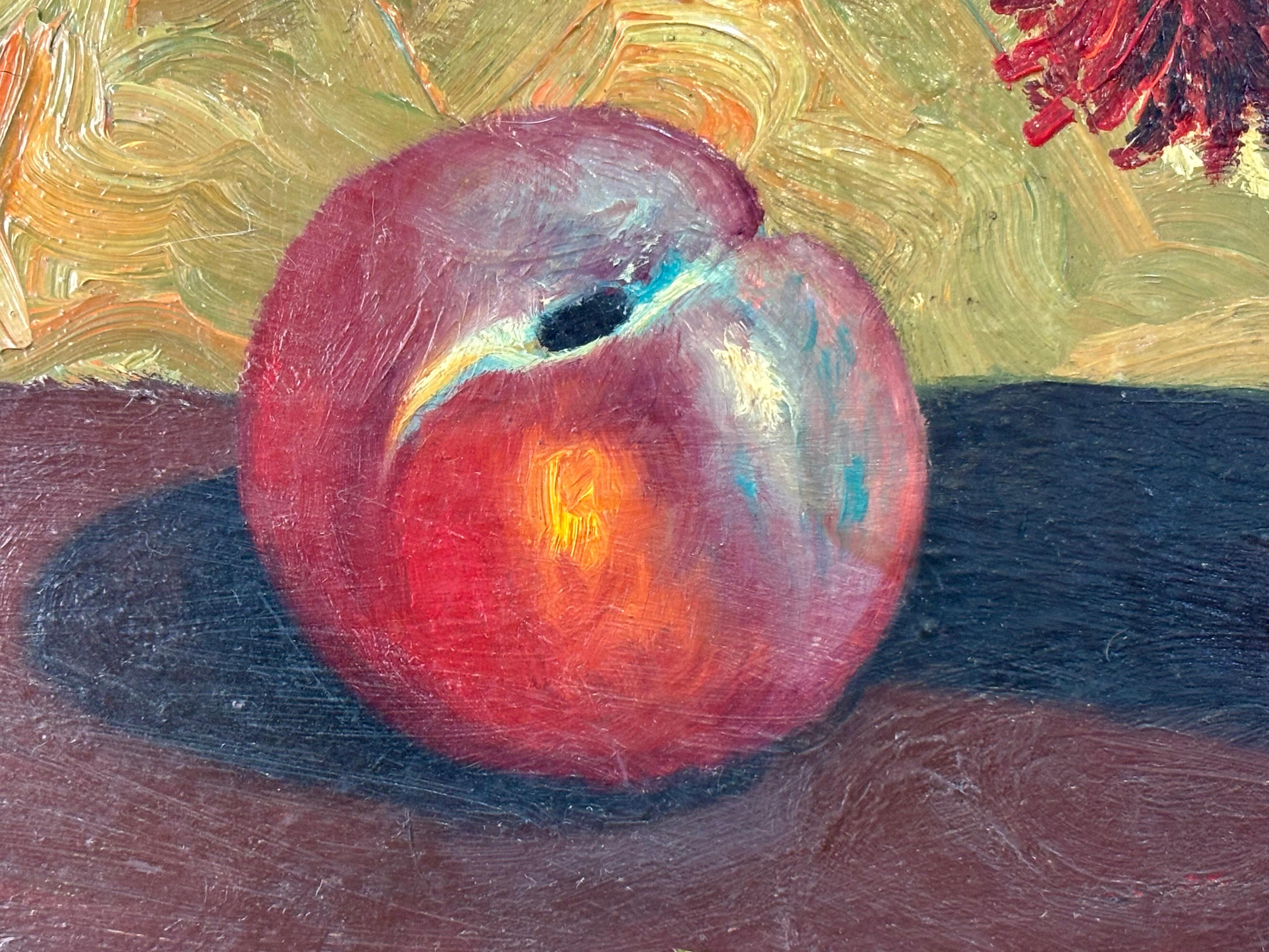 Bonito óleo sobre lienzo de bodegón con frutas y flores.
Firmado y fechado en 1968.

En bon état général.

Dimensions : 60 x 73 cm ; 71,5 x 84,5 cm (MarCo).