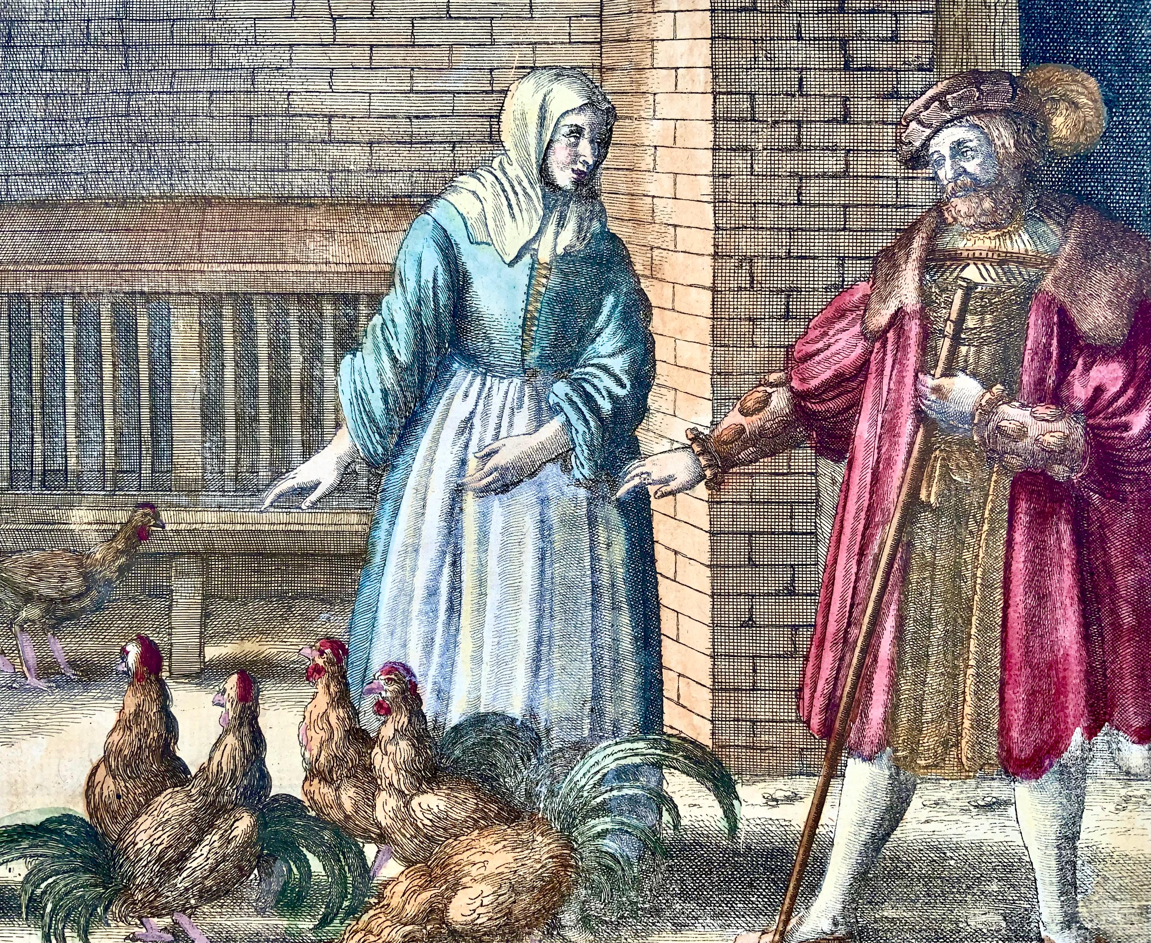 Hand-Painted Wenceslaus Hollar 'B1607' Domestic Chickens, Poultry, Master Engraving For Sale