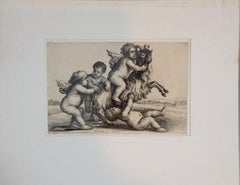 Wenceslaus Hollar lifetime etching on laid paper of "Putti with Goat" 1607-1677