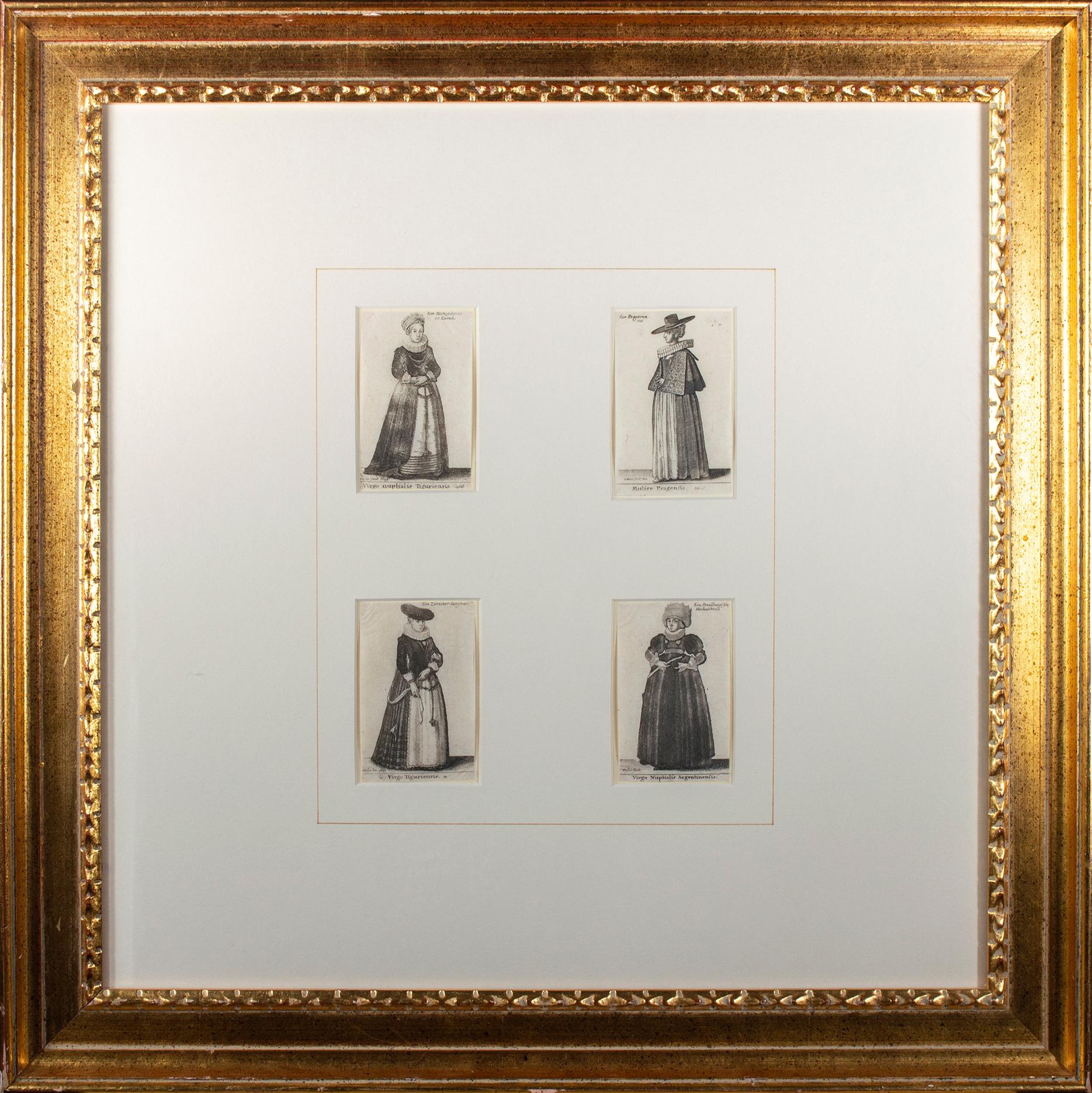 Four original etchings of women from 'Aula Veneris' series by Wenceslaus Hollar
