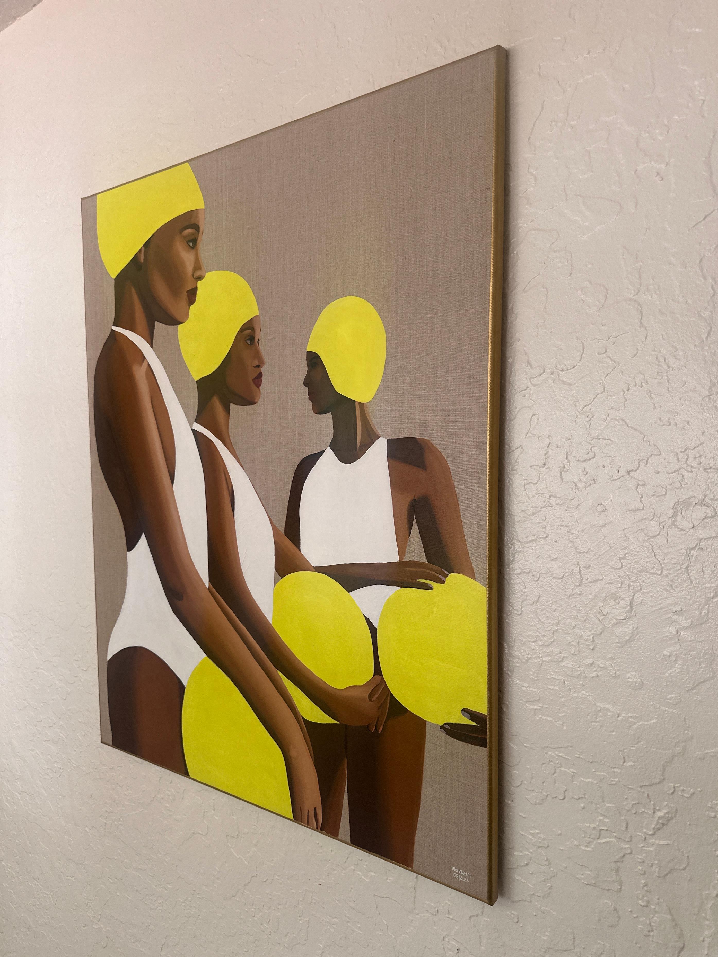 3 Beachballers - Acryl und Öl auf Leinwand (Braun), Figurative Painting, von Wencke Uhl