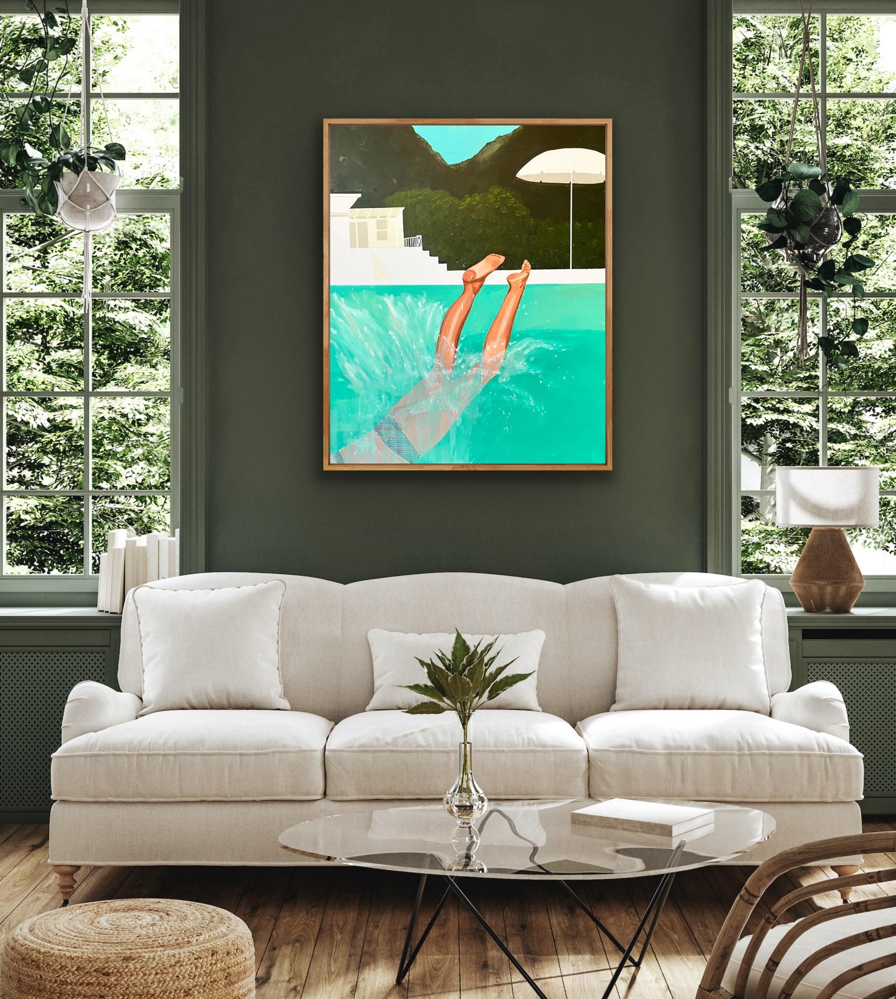 Inspiriert von David Hockneys berühmtem Splash und Slim Aarons' Palm-Springs-Serie 🩵. 
Originalgemälde. Acryl (und Papier) auf hochwertigem Keilrahmen. Abgeschlossen mit einem weichen, glänzenden Lack. 90 x 110 cm    35.4 x 43.3''. Die Seiten sind