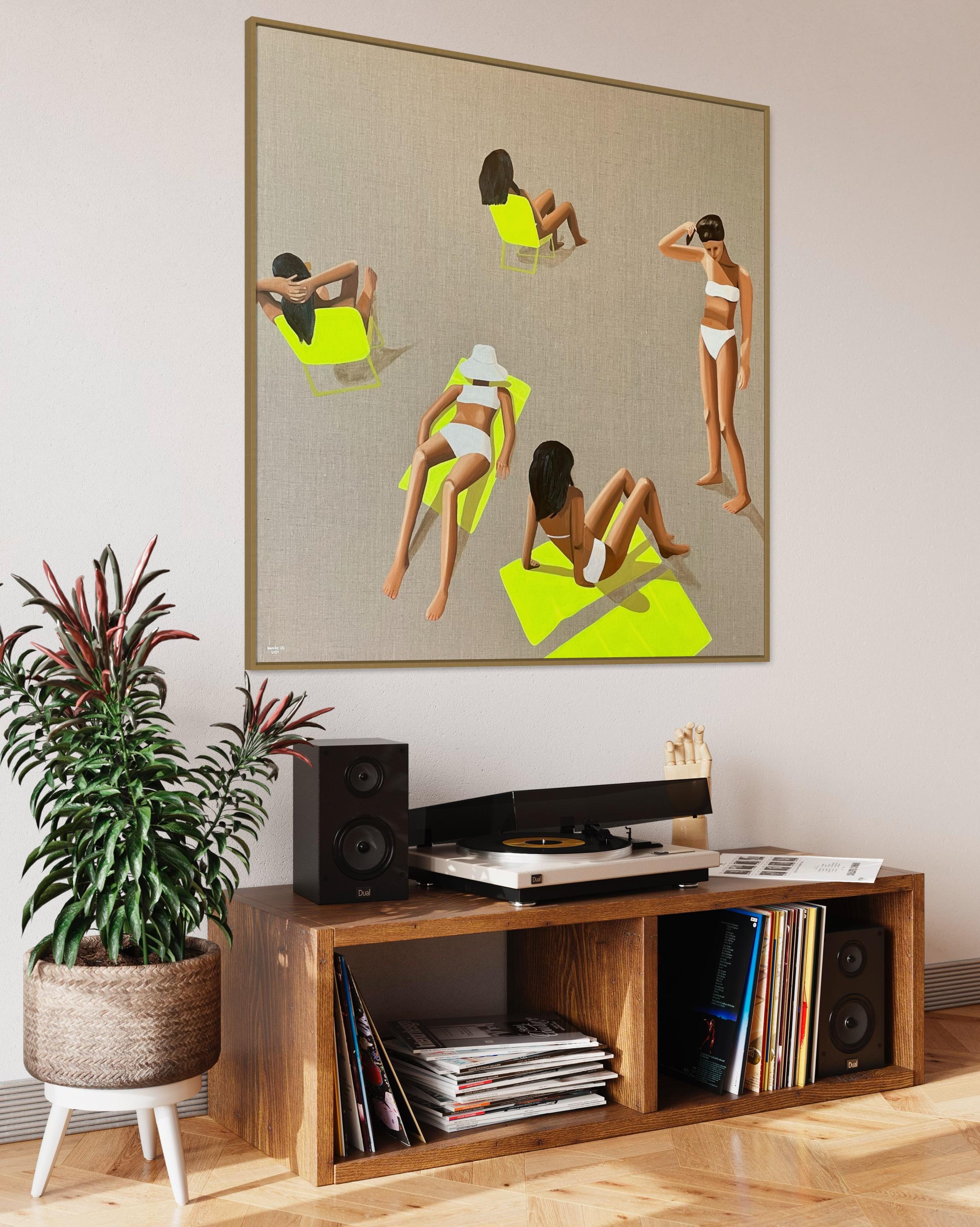 Peinture originale. Huile et acrylique sur toile de haute qualité. Finition avec un vernis doux et brillant. 120 x 120 cm      47 x 47''. Les côtés sont peints en or blanc métallisé, offrant en quelque sorte un cadre. Prêt à être accroché ! 