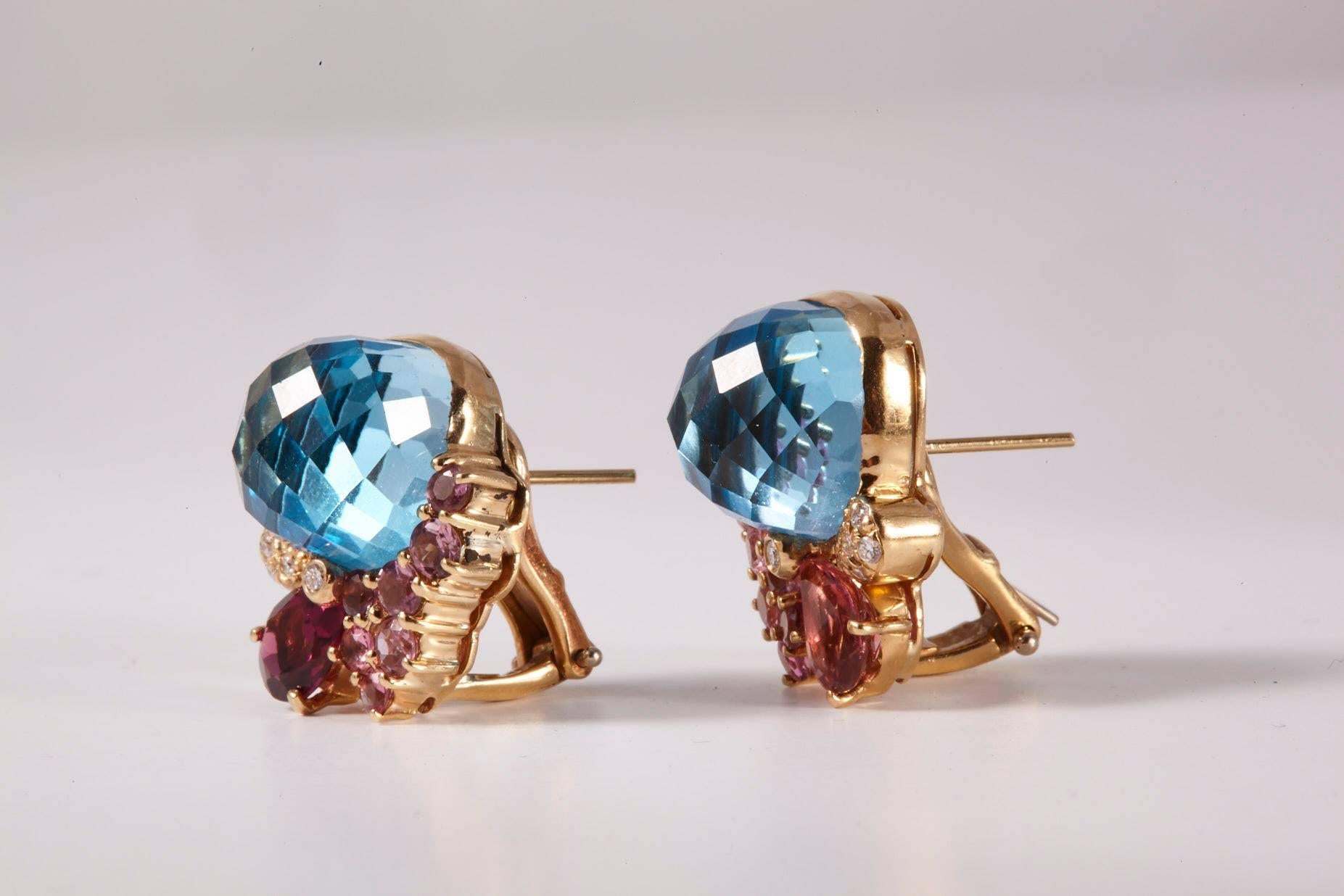 Contemporary Wendee & Rene 18 Karat Blue Topaz Pink Tourmaline and Diamonds Ear Clip For Sale