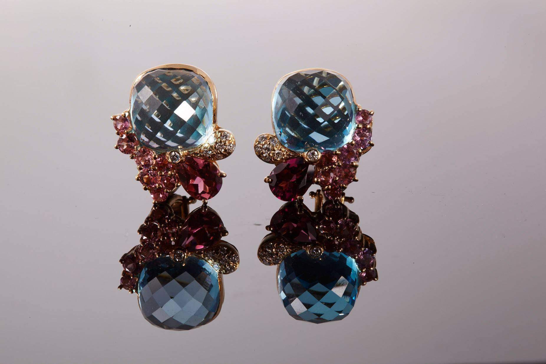 Wendee & Rene 18 Karat Blue Topaz Pink Tourmaline and Diamonds Ear Clip In Excellent Condition For Sale In Westport, CT