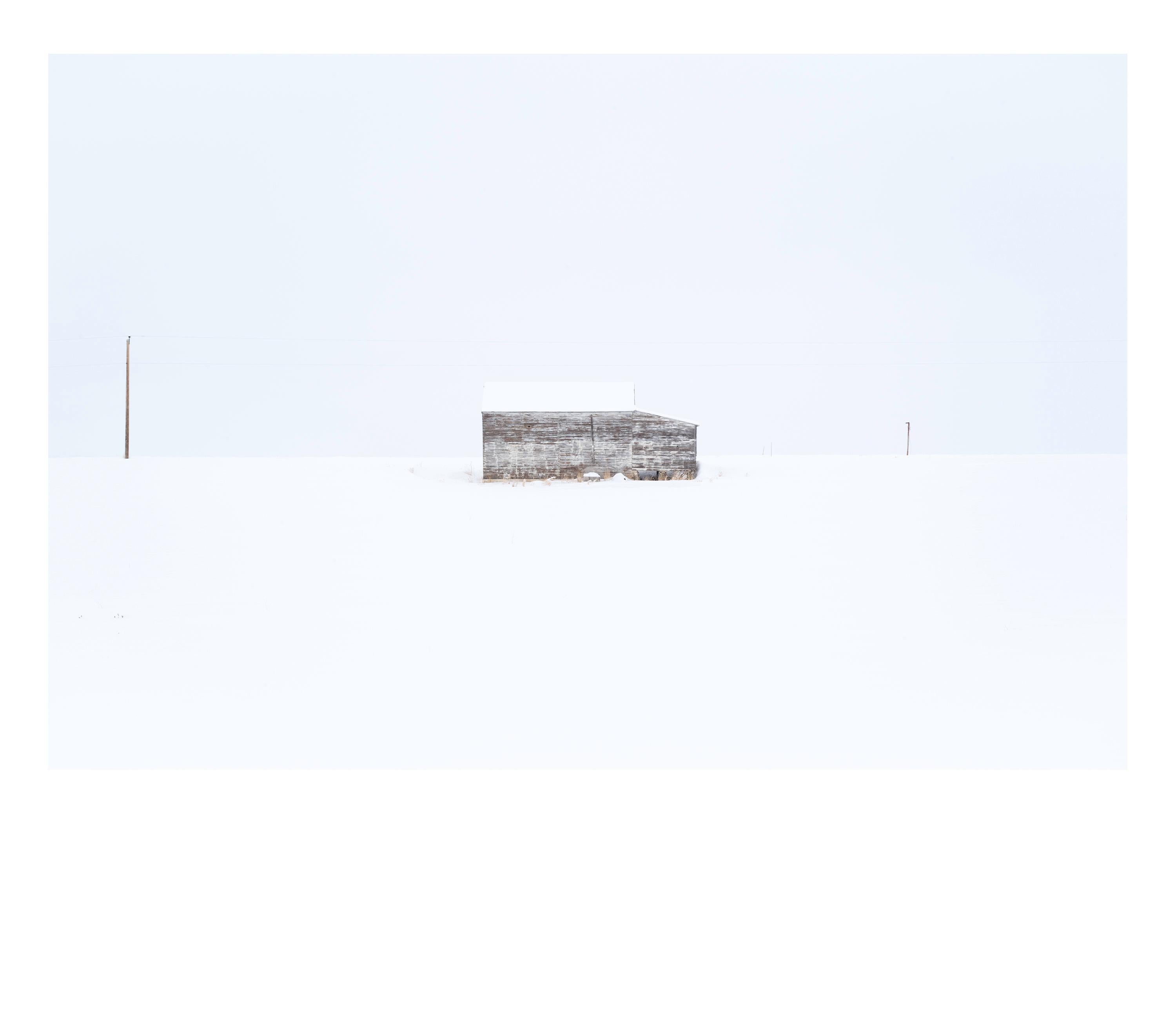 Wendel Wirth Landscape Photograph - Distant Barn VI- Minimalist, white on white, landscape photography
