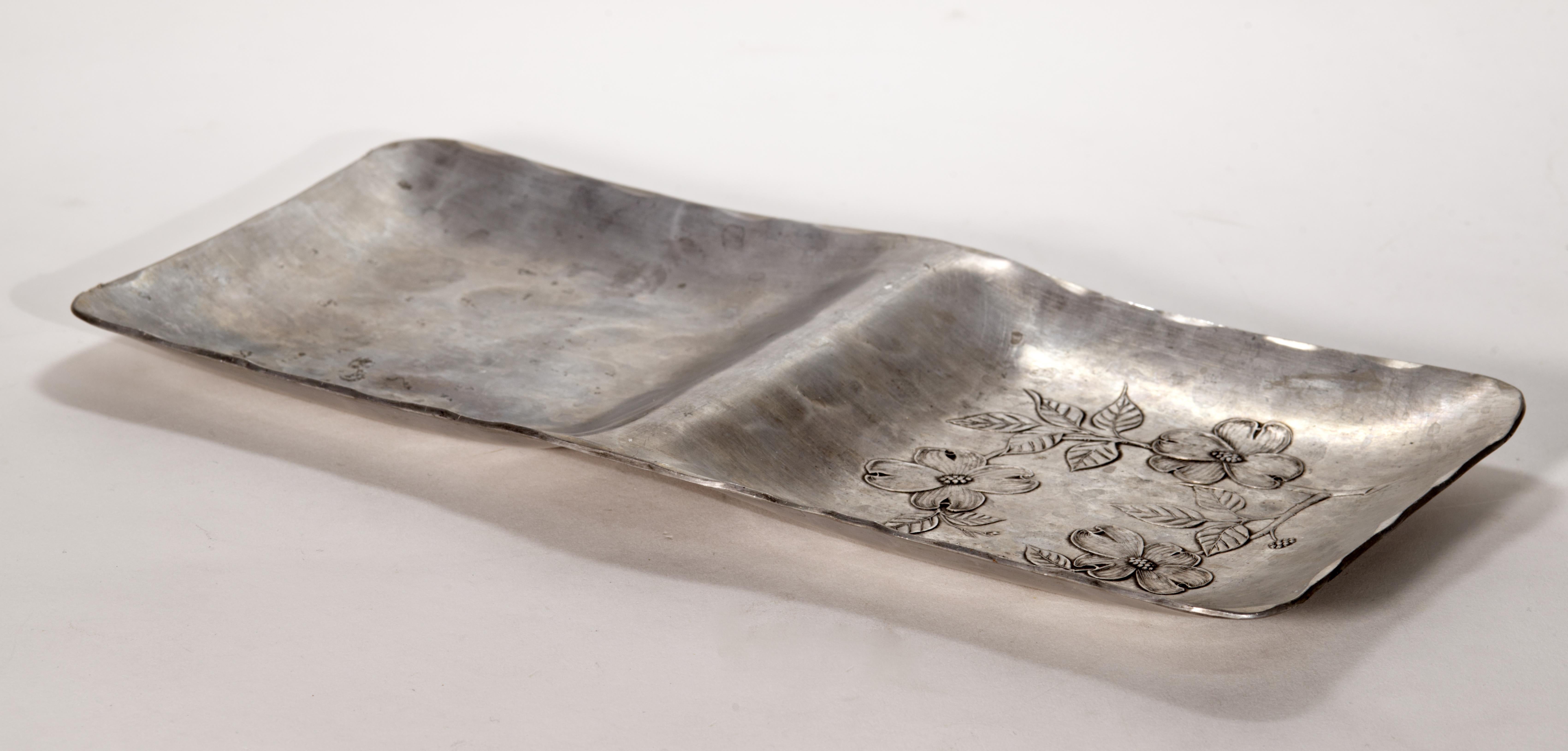 Wendell August Forge Handmade Divided Tray with Dogwood Decor, 1960s For Sale 2