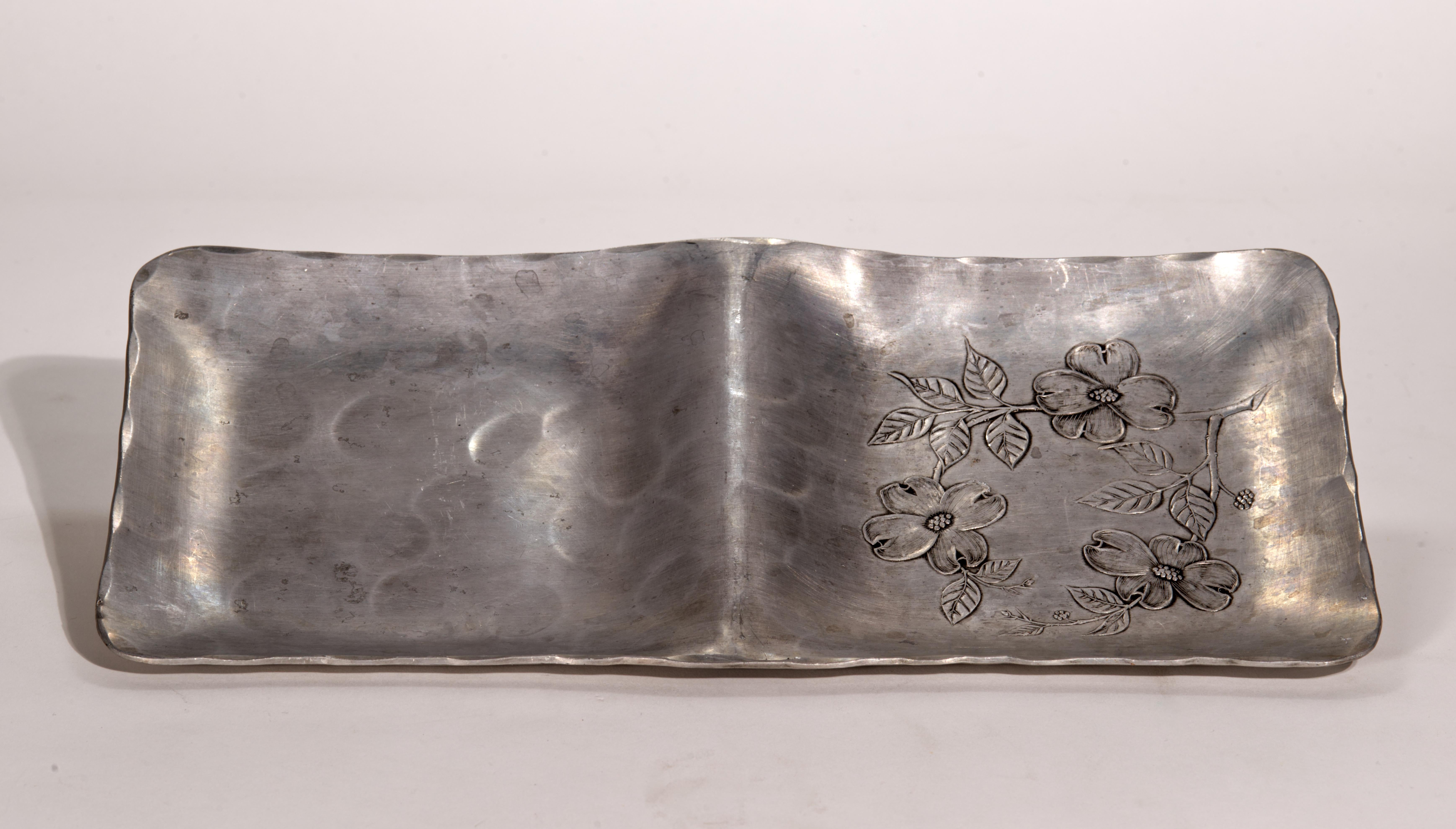 Mid-Century Modern Wendell August Forge Handmade Divided Tray with Dogwood Decor, 1960s For Sale