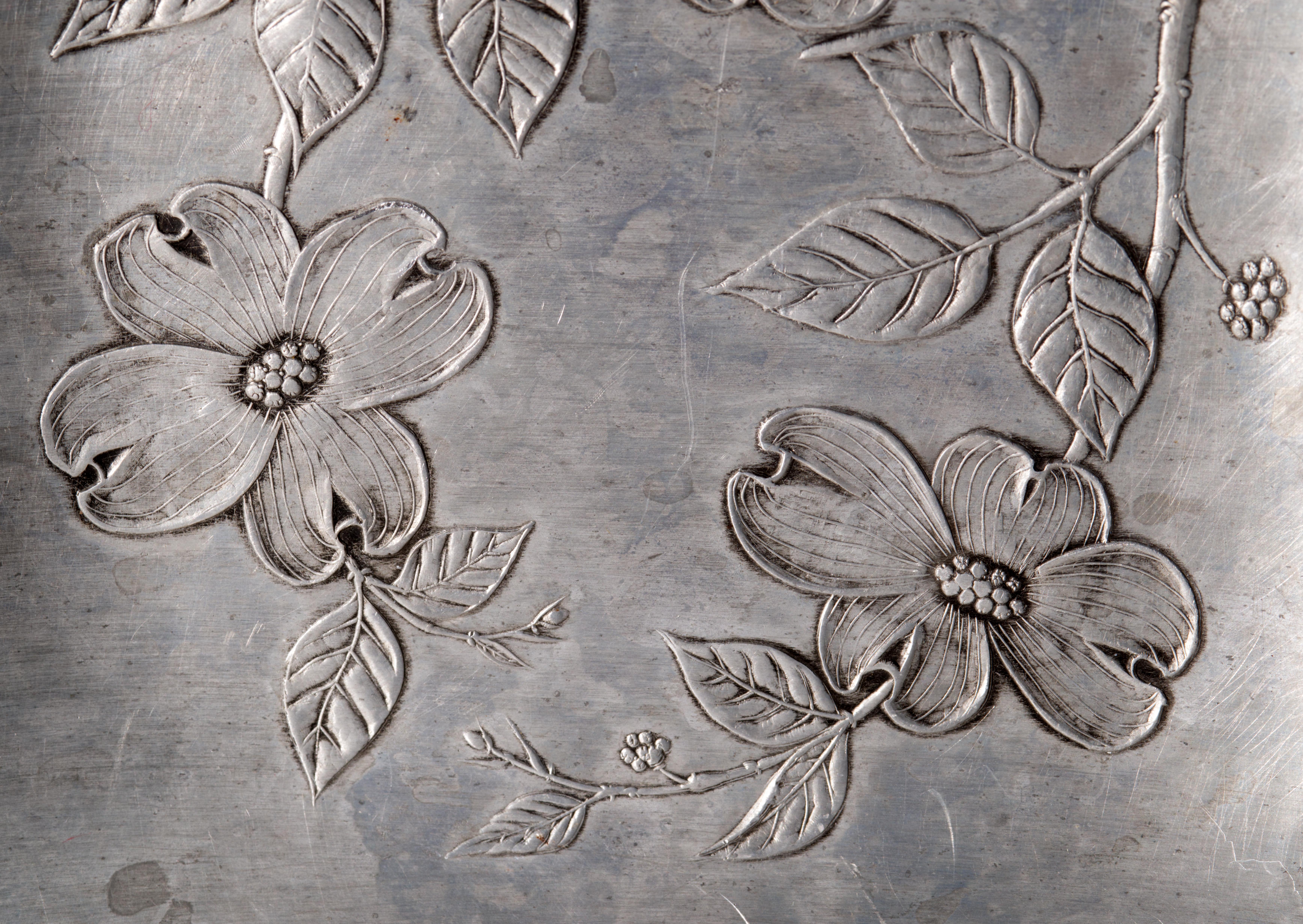 Forged Wendell August Forge Handmade Divided Tray with Dogwood Decor, 1960s For Sale