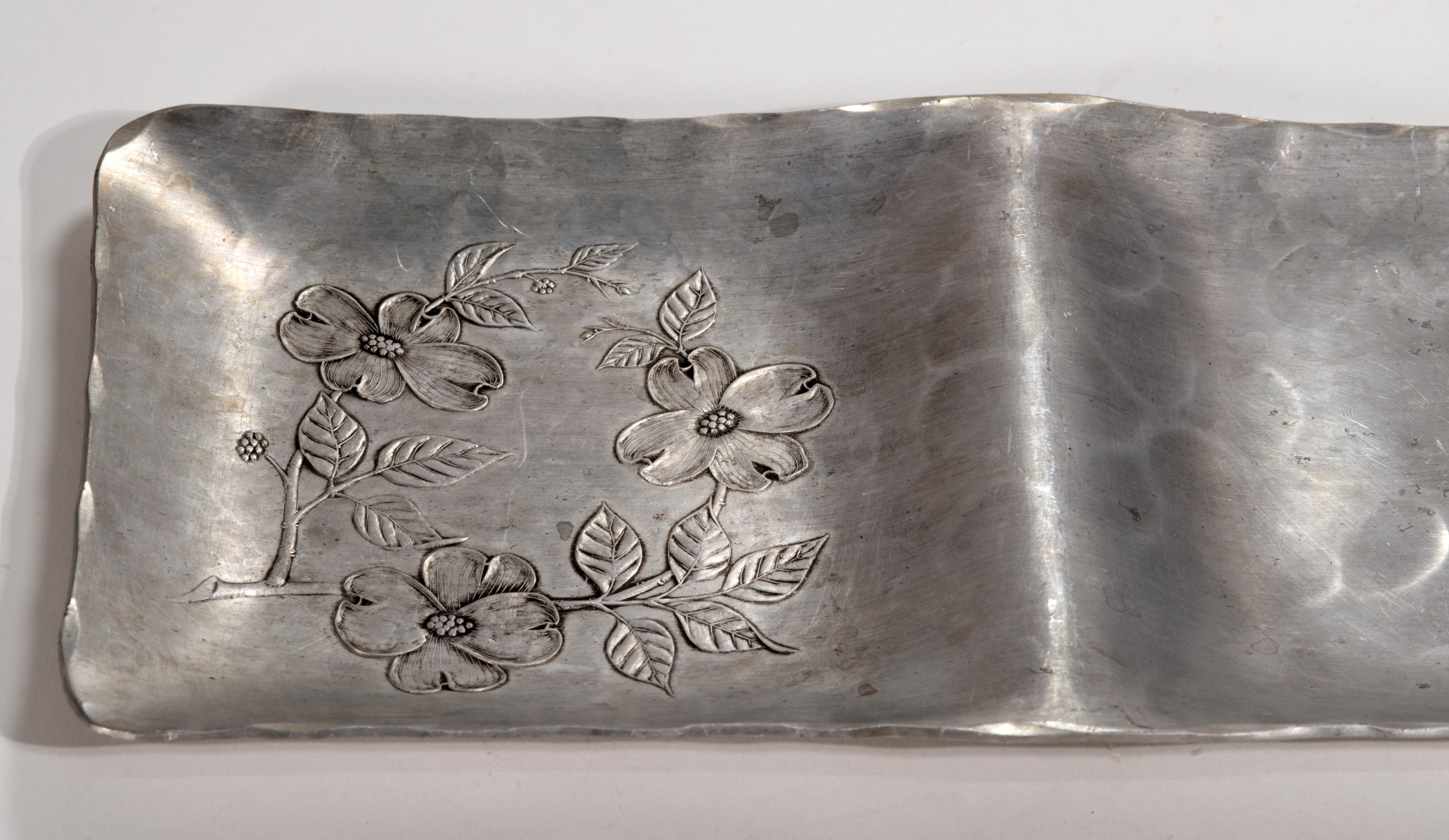 Wendell August Forge Handmade Divided Tray with Dogwood Decor, 1960s For Sale 1