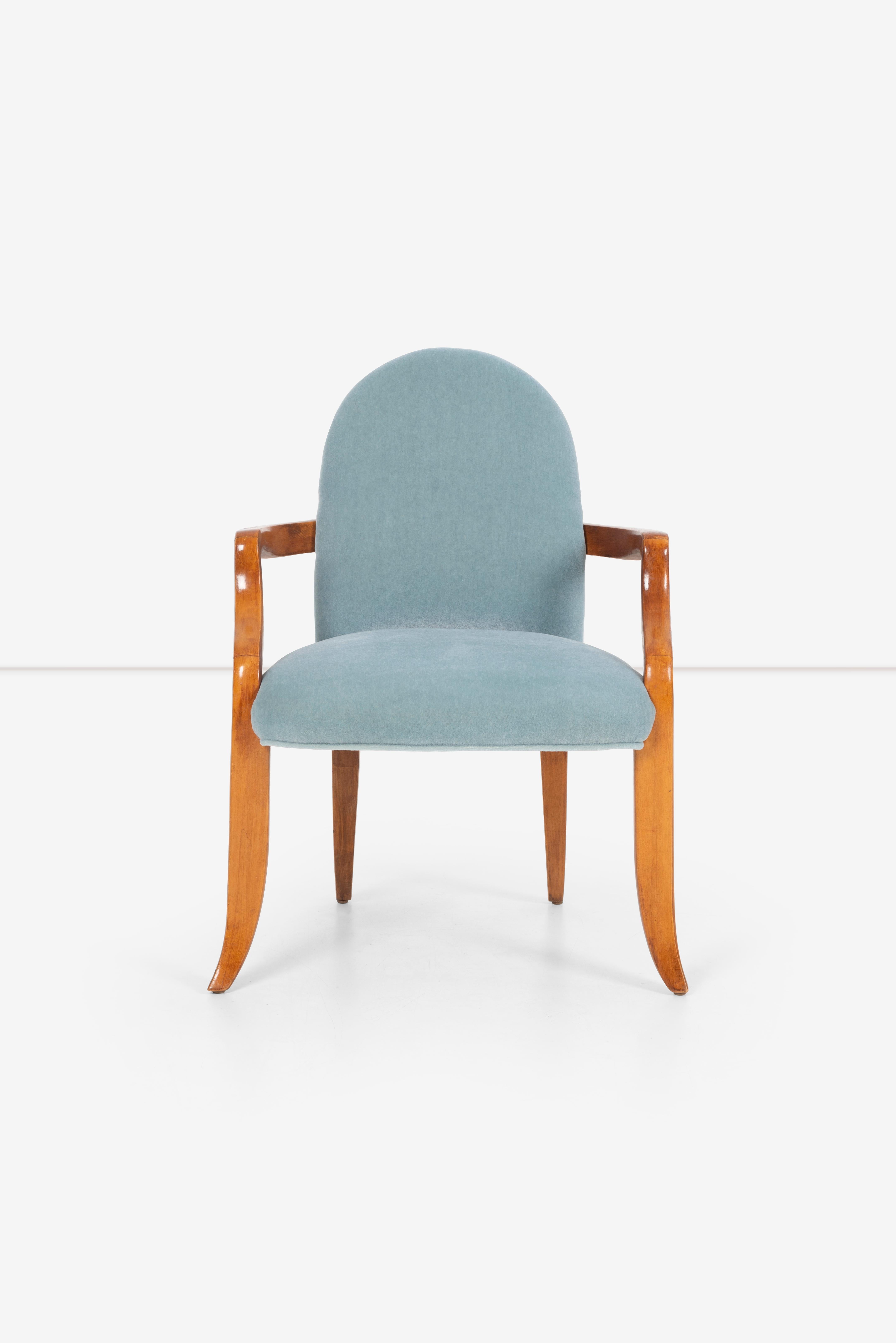 Wendell castle accent or desk chair. Upholstered in a sky-blue mohair. Sculptural and carved lines.