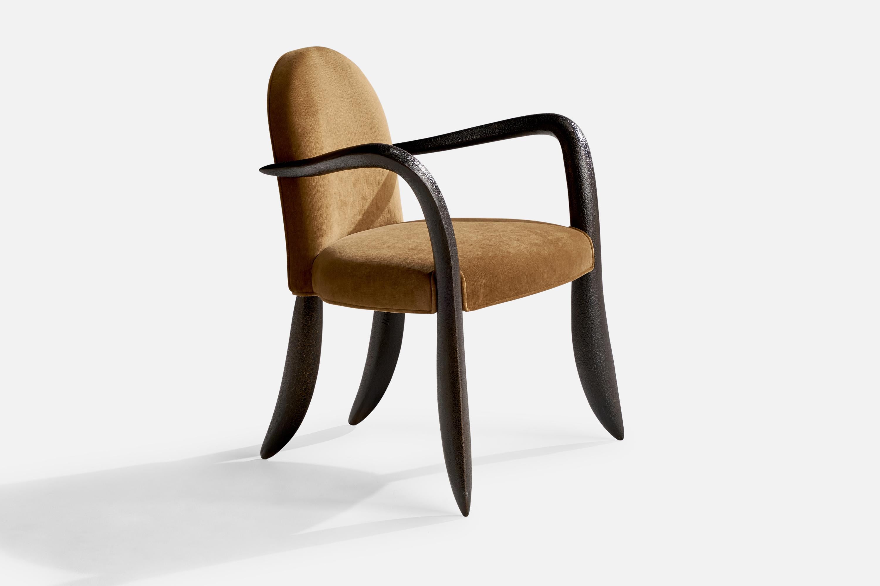 A beige velvet and textured black-painted mahogany armchair designed and produced by Wendell Castle, USA, 1997.

Seat height 18”