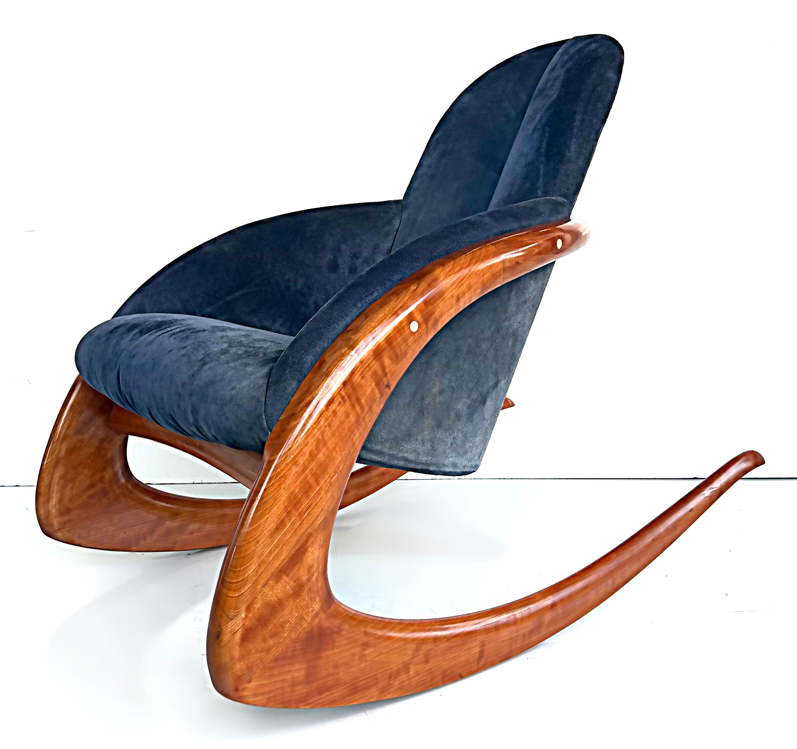 American Wendell Castle Crescent Moon Wood and Suede Rocking Chair For Sale