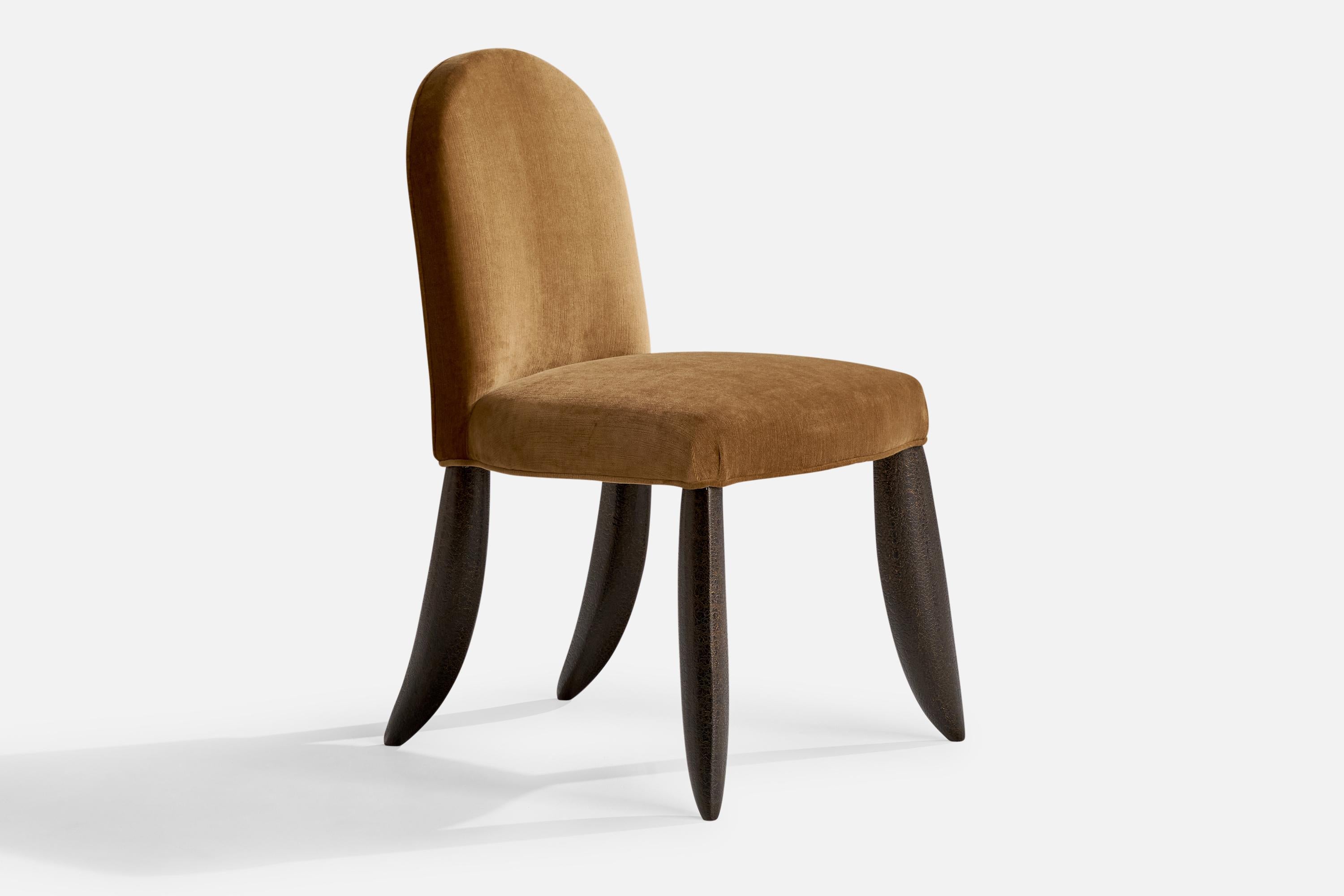 A beige velvet and textured black-painted mahogany side chair designed and produced by Wendell Castle, USA, 1997.

Seat height 18”