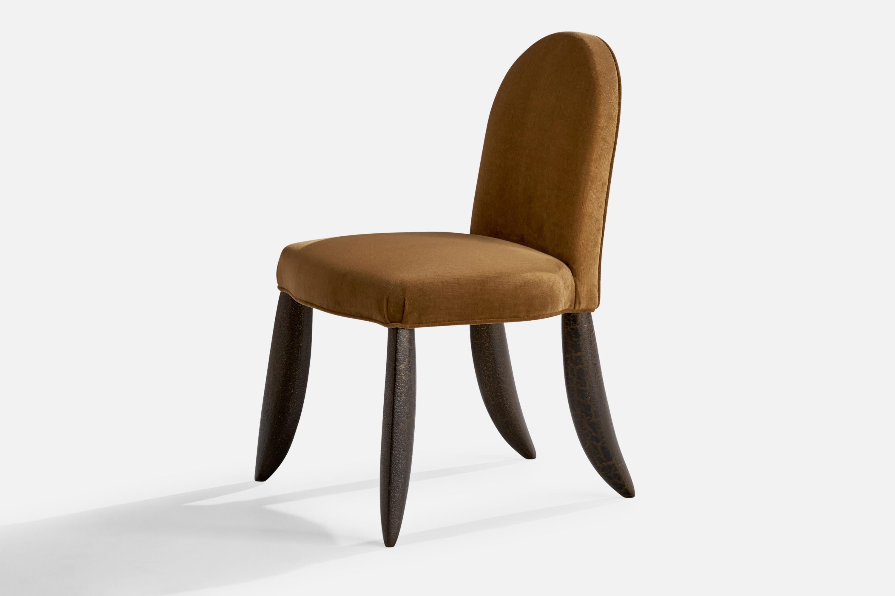 A beige velvet and textured black-painted mahogany side chair designed and produced by Wendell Castle, USA, 1997.

Seat height 18”