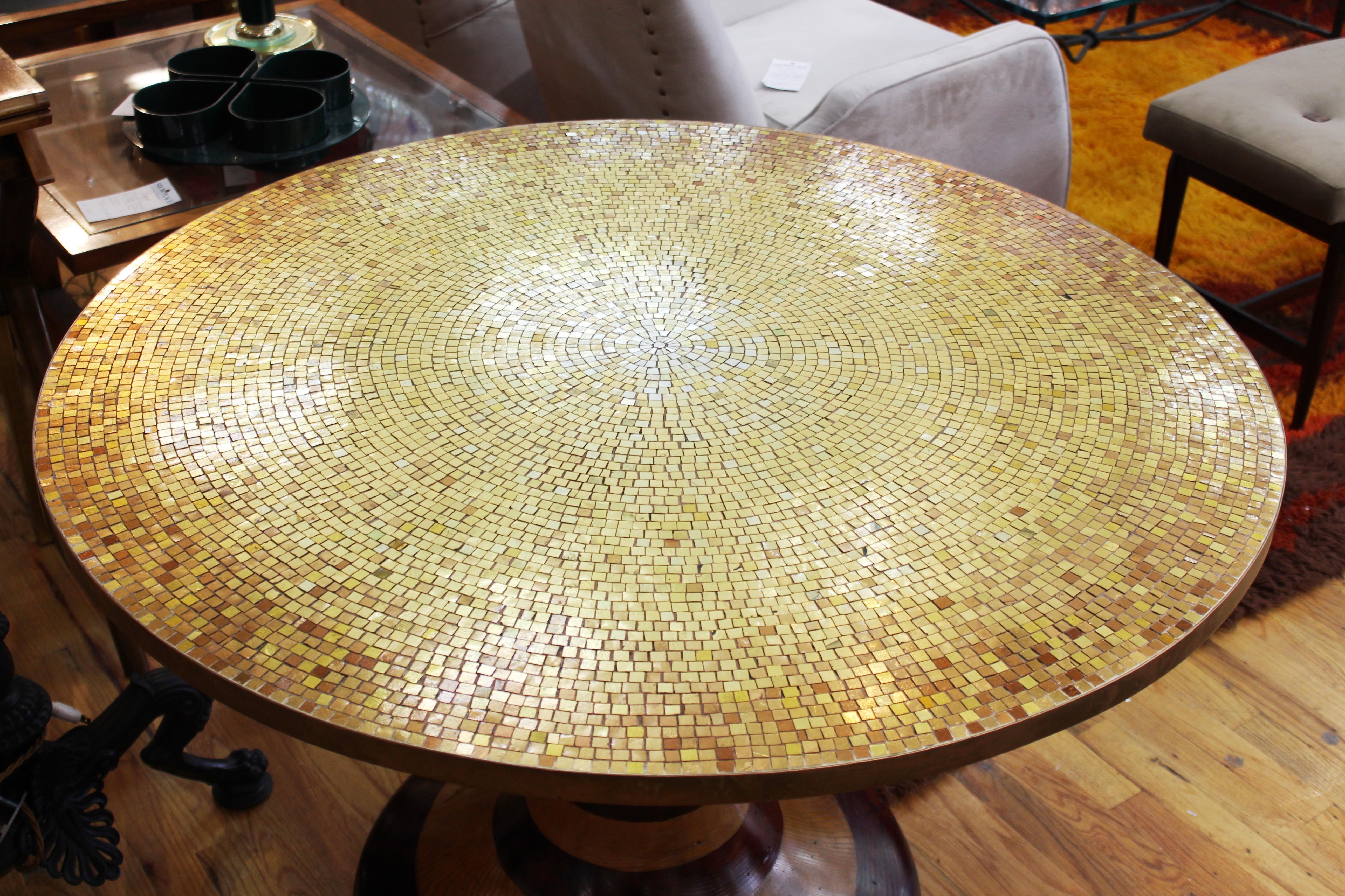 Wendell Castle style Mid-Century Modern center table or dining table with carved wood base and circular gold mosaic top. The piece is in great vintage condition with age-appropriate wear and use.