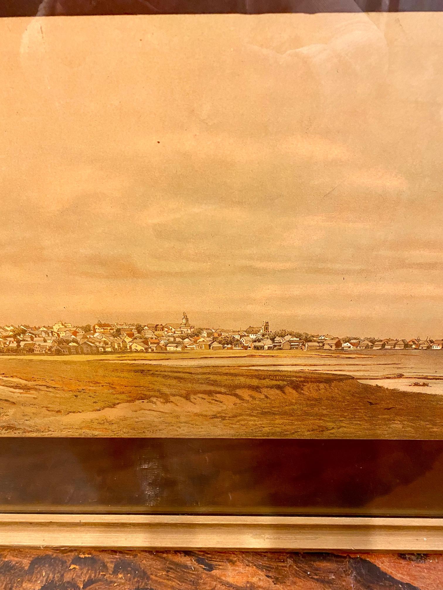 Wendell Macy Chromolithograph of Nantucket Town and Harbor, circa 1881, a colored stone lithograph of Nantucket town with Brant point jutting out into the harbor, the Creeks marsh and dunes in the foreground, as seen from the vantage of Monomoy