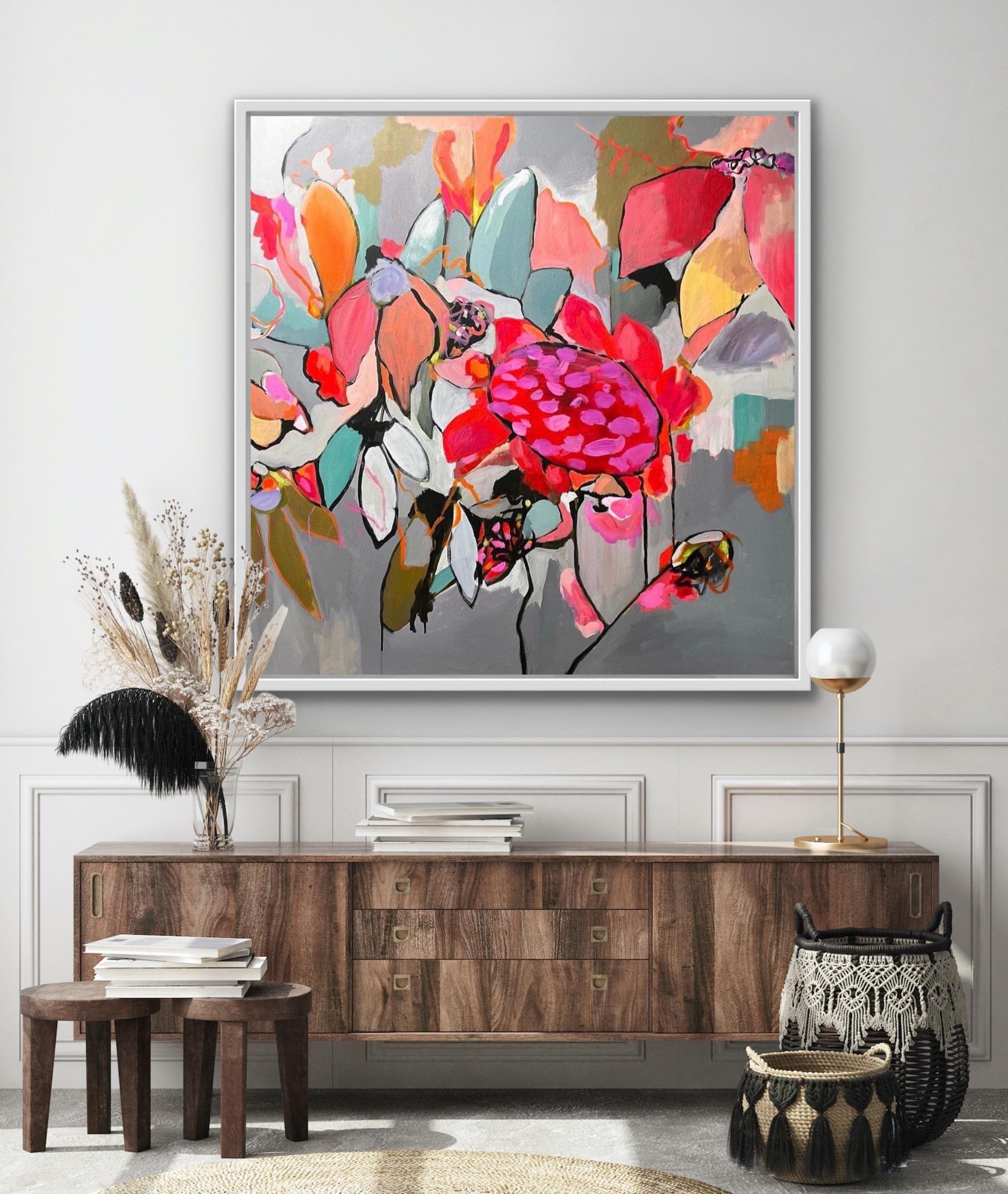 Desdemona, Abstract Floral Painting, Contemporary Flower Art, Pink and Grey Art - Gray Interior Painting by Wendi Weller