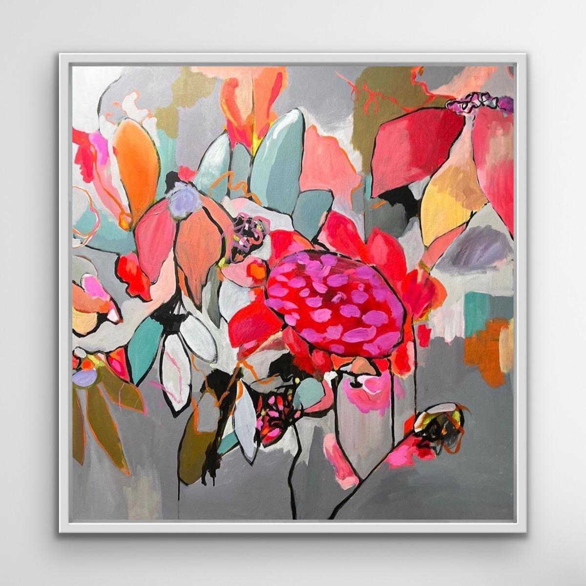 Desdemona, Abstraktes Blumengemälde, zeitgenössische Blumenkunst, rosa und graue Kunst (Zeitgenössisch), Painting, von Wendi Weller
