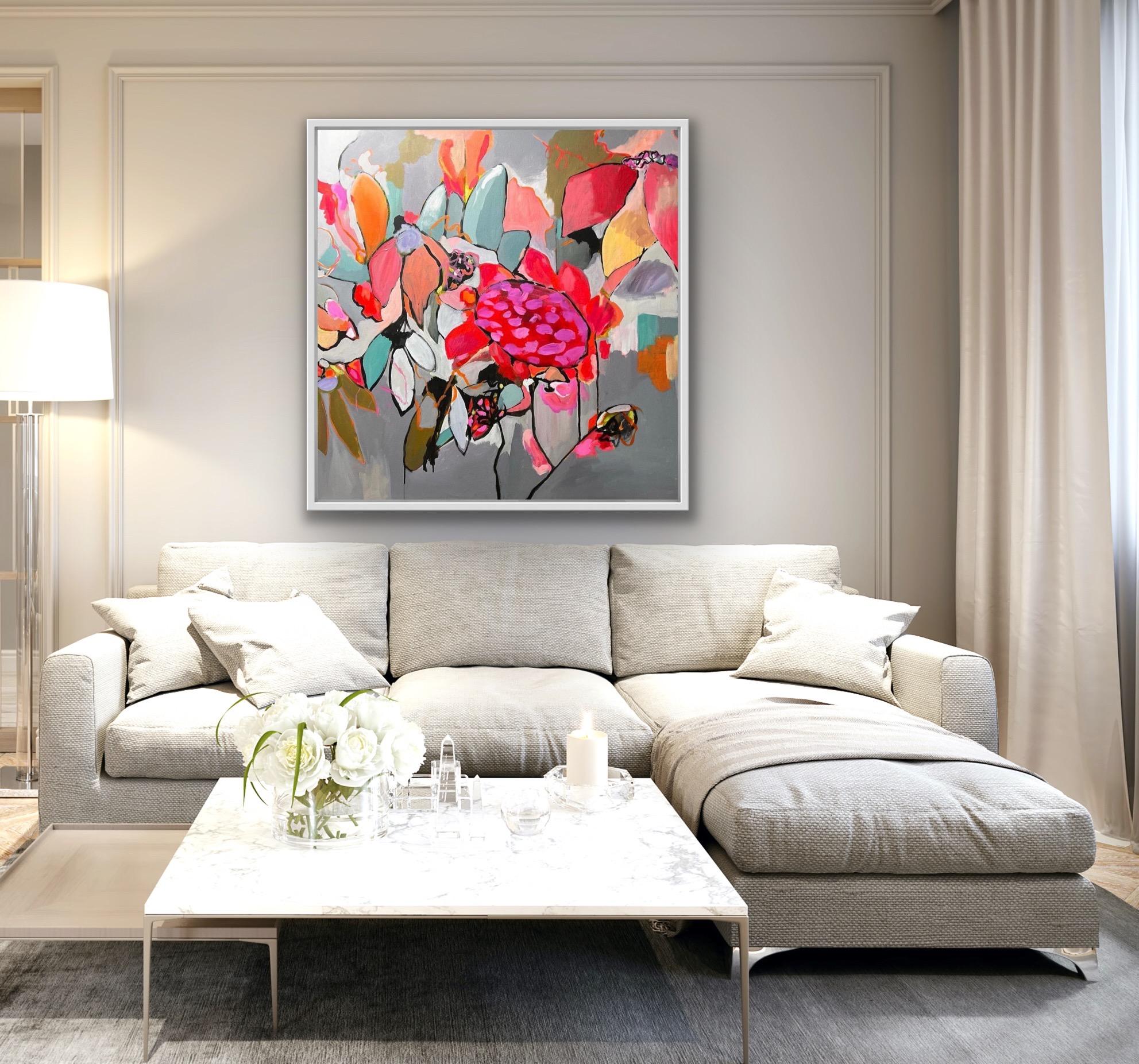 Desdemona, Abstraktes Blumengemälde, zeitgenössische Blumenkunst, rosa und graue Kunst im Angebot 1