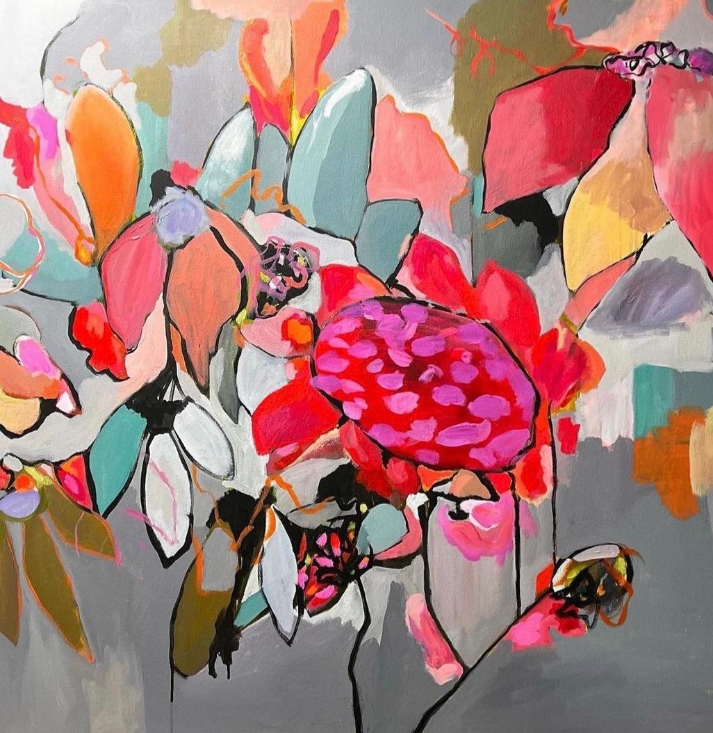 Wendi Weller Interior Painting – Desdemona, Abstraktes Blumengemälde, zeitgenössische Blumenkunst, rosa und graue Kunst