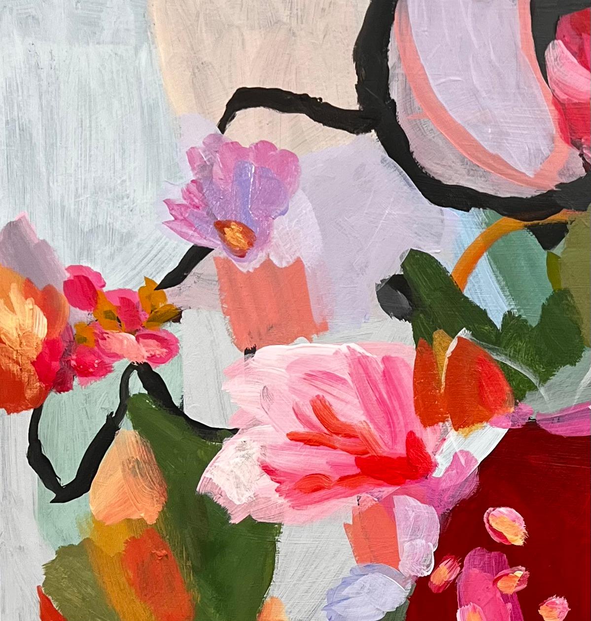 ‘Gertrude’ is an original abstract painting on board by contemporary artist Wendi Weller. Oil pastel mark making details are added to many layers of acrylic paint: “These paintings are inspired by my garden and named after strong Shakespearean