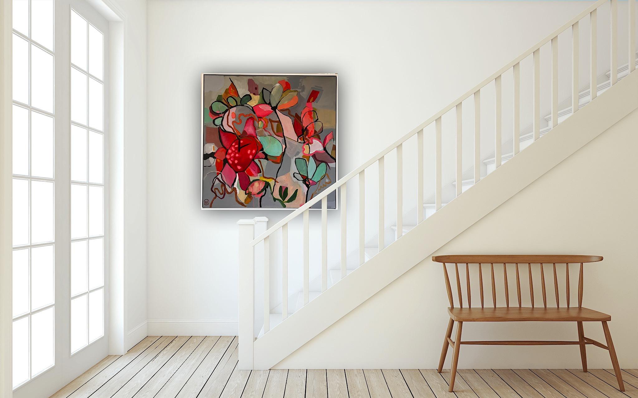 Ophelia, floral art, abstract art, affordable art, original art, red/green art - Painting by Wendi Weller