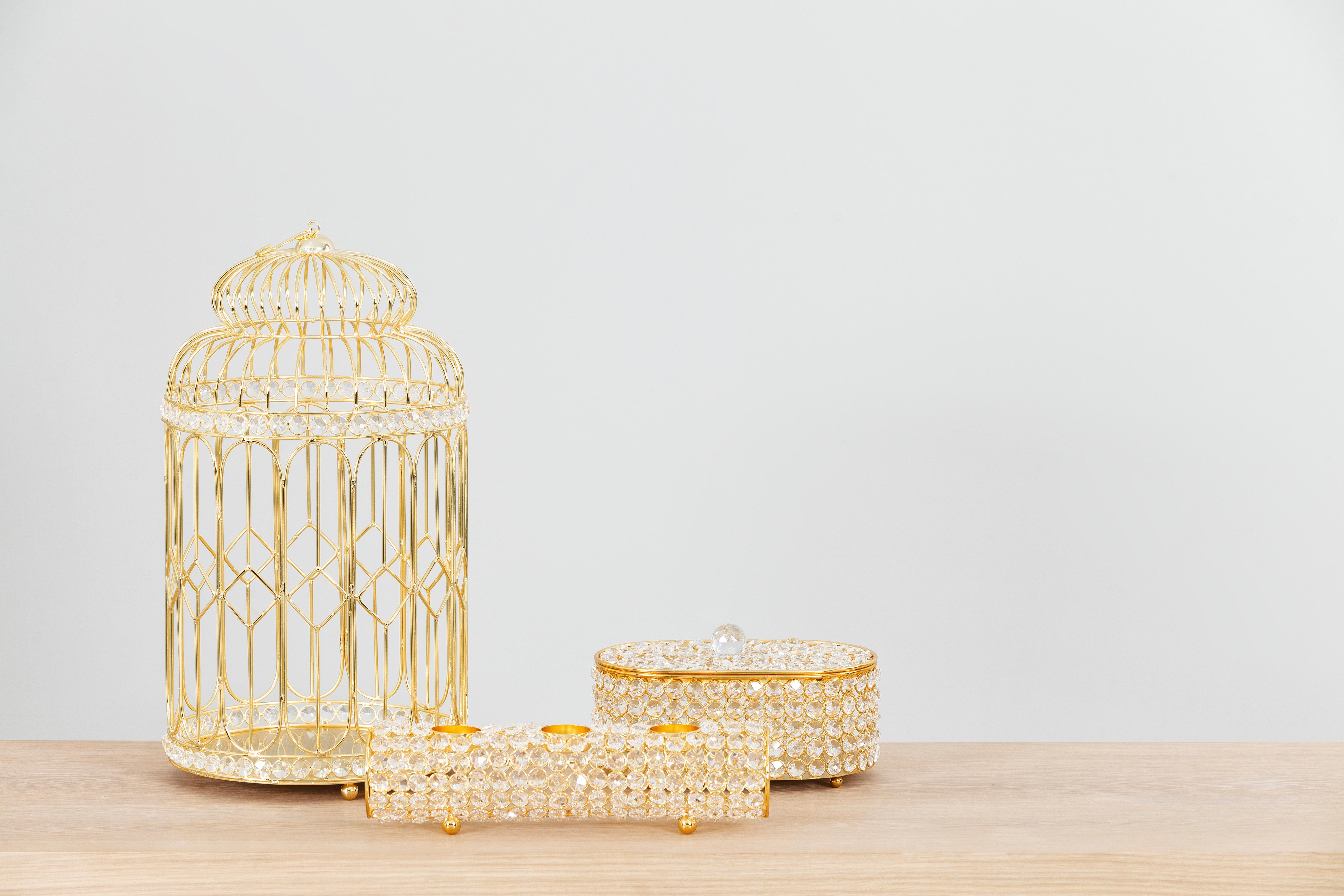 Metal Set/2 Birdcages, Golden Plating & Crystals, Handmade by Lusitanus Home For Sale
