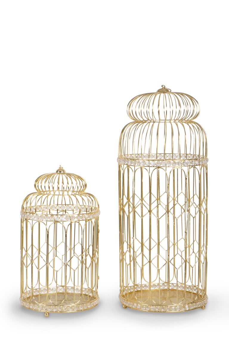 Set/2 Birdcages, Golden Plating and Crystals, Handmade by Lusitanus Home  For Sale at 1stDibs