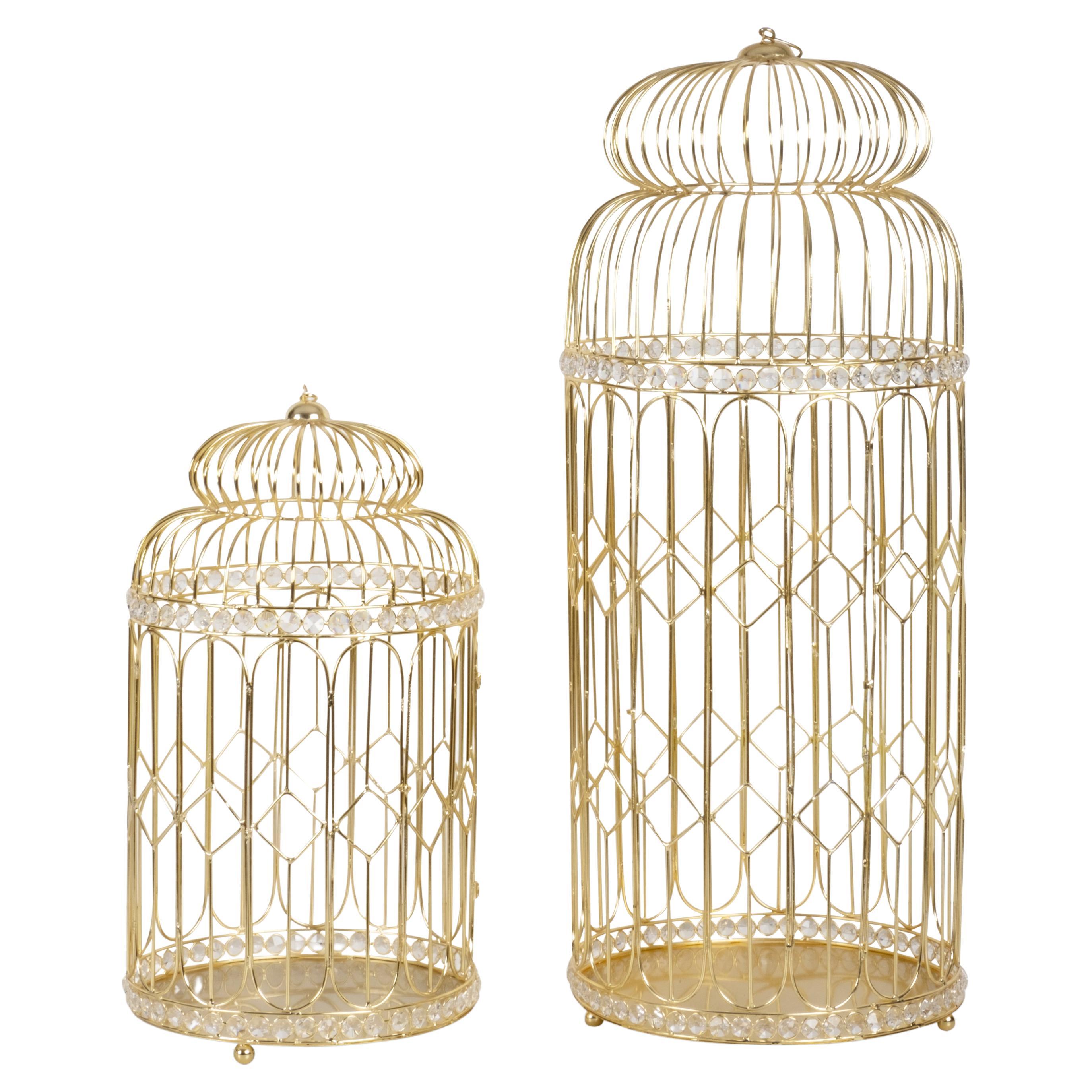 Set/2 Birdcages, Golden Plating & Crystals, Handmade by Lusitanus Home For Sale