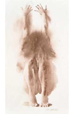 "Belu arms up hair down" nude watercolor painting of a man with knees & arms up