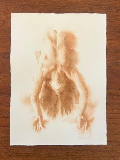 "Belu Backbend" aerial view watercolor painting of a man reaching down in tan
