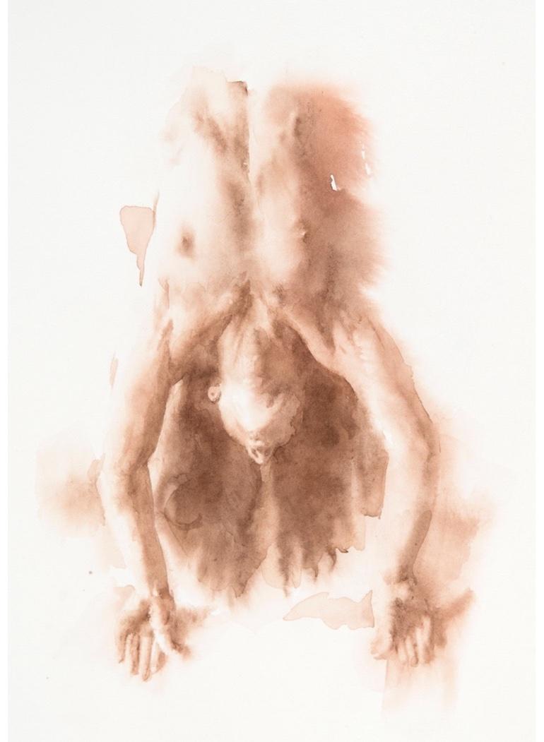 „Belu Backbend“ Aquarellgemälde aus der Luft mit der Ansicht eines Mannes, der in hellbraunem Hellbraun blickt