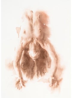 "Belu Backbend" aerial view watercolor painting of a man reaching down in tan