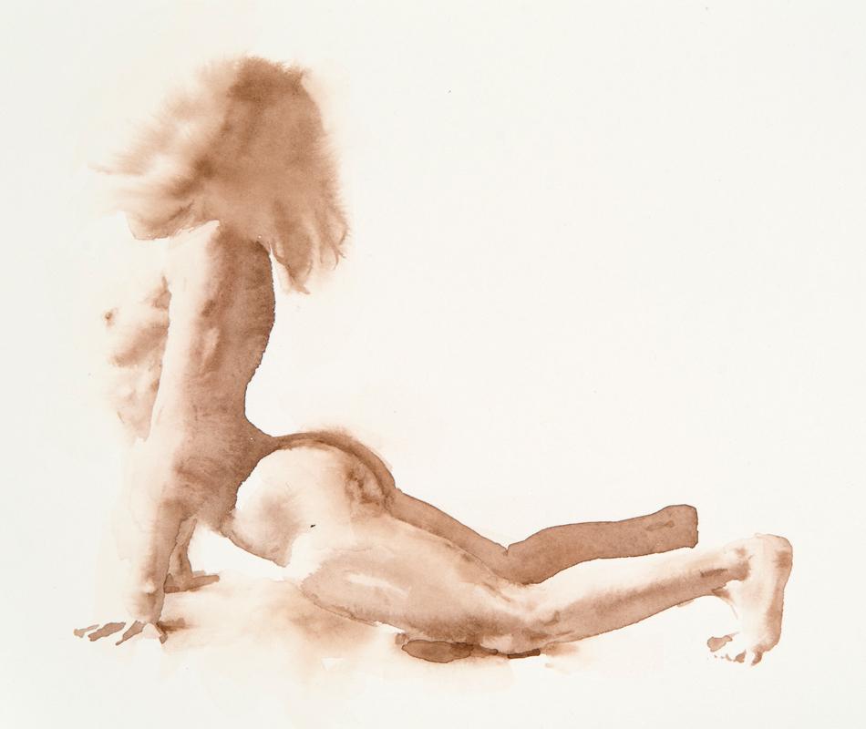 "Belu Dolphin" nude watercolor painting of a man stretching on white background
