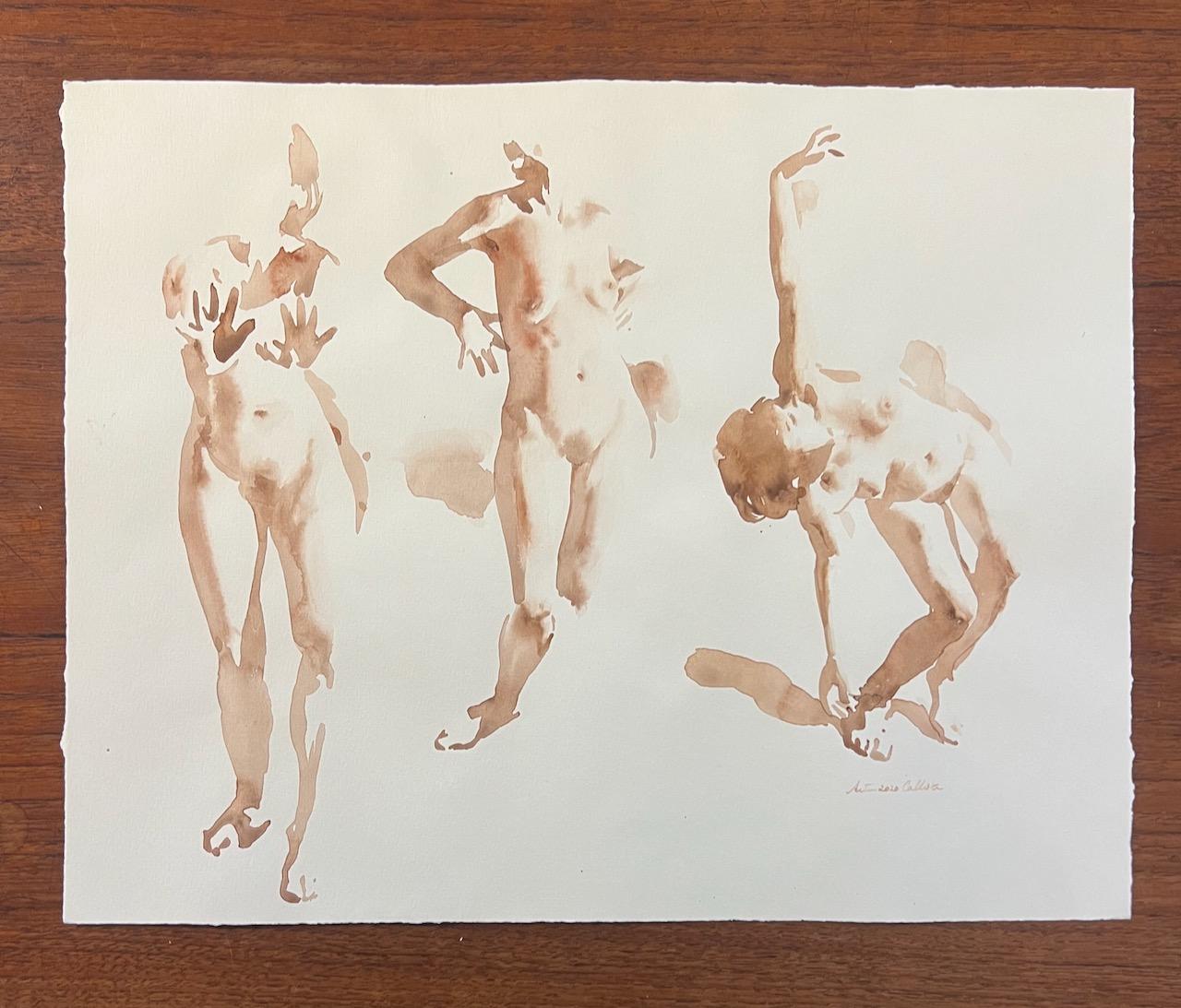 „Callista, dreimal mit ihrem Arm“, nudefarbenes Aquarell von  Drei Frauen, die sich ausstrecken – Painting von Wendy Artin