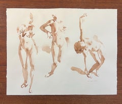 "Callista, three times, with her arm" nude watercolor of  three women stretching