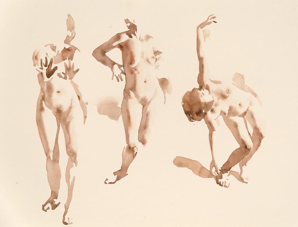 Wendy Artin Nude Painting – „Callista, dreimal mit ihrem Arm“, nudefarbenes Aquarell von  Drei Frauen, die sich ausstrecken