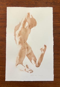 "Caroline with Pointed Toes" nude water color painting of a women jumping