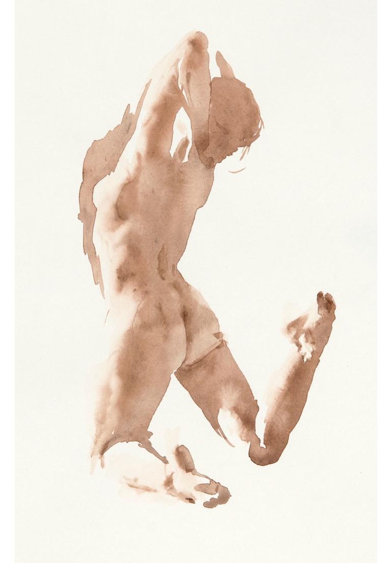 Wendy Artin Nude Painting - "Caroline with Pointed Toes" nude water color painting of a women jumping