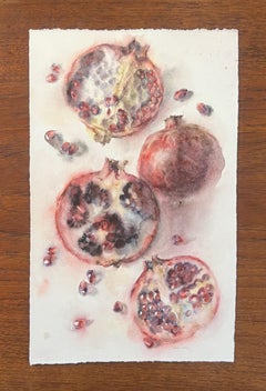 « Quatre grenades ouvertes », peinture à l'aquarelle de quatre grenades