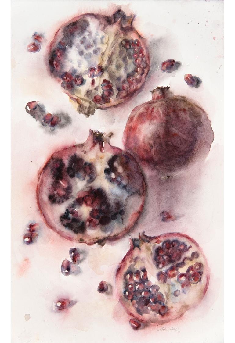 Wendy Artin Still-Life Painting - "Four Open Pomegranates" watercolor painting of four pomegranates