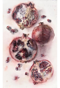 "Four Open Pomegranates" watercolor painting of four pomegranates