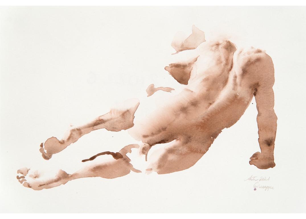 Wendy Artin Nude Painting - "Giuseppe Back" nude watercolor painting of a man sitting on his side