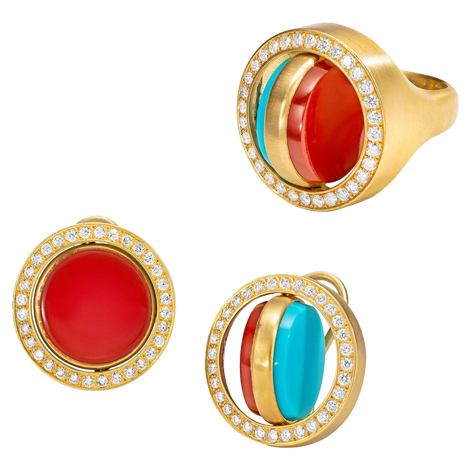 Wendy Brandes 2-in-1 Turquoise and Carnelian Flip Ring, Earrings 18K Gold Set